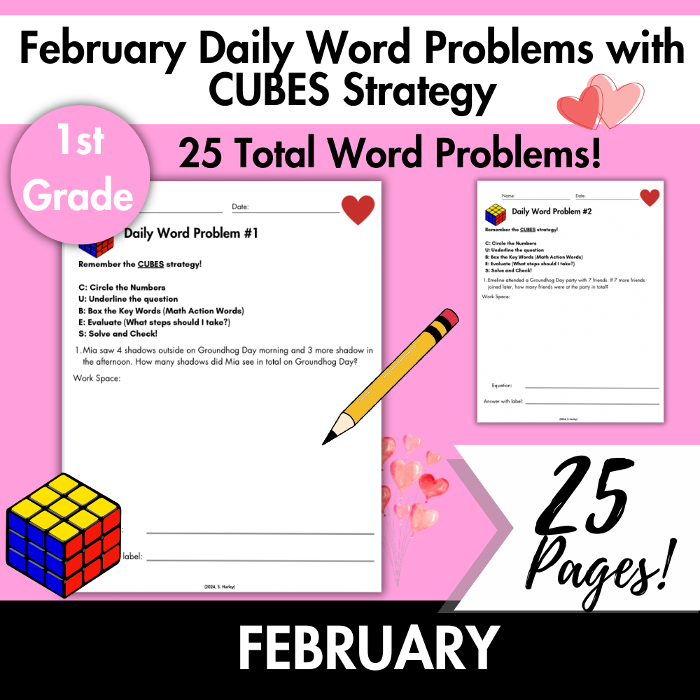 February Daily Word Problems with CUBES Strategy | 1st Grade