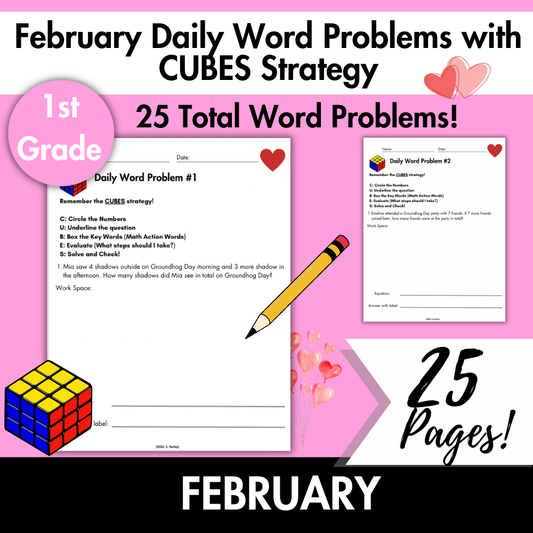 February Daily Word Problems with CUBES Strategy | 1st Grade