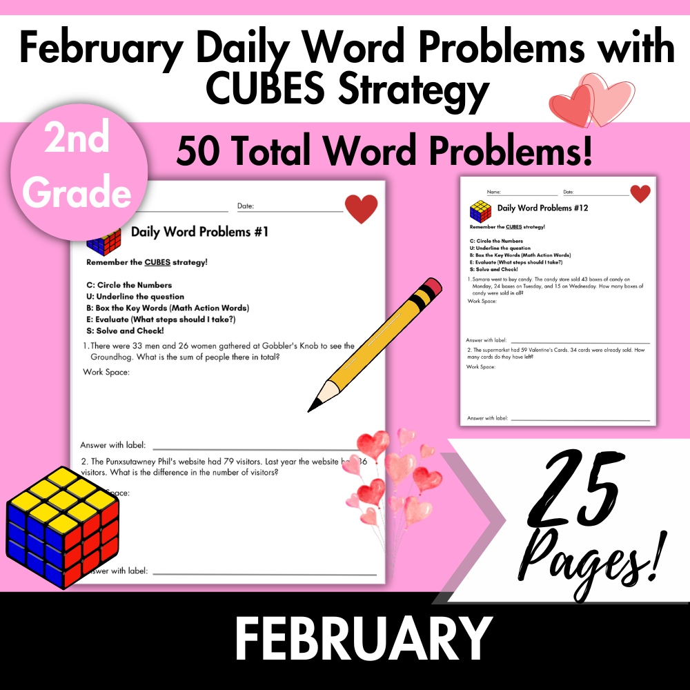 February Daily Word Problems with CUBES Strategy | 2nd Grade