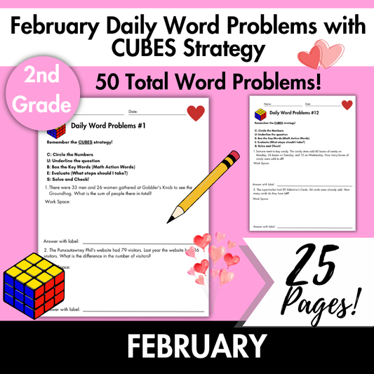 February Daily Word Problems with CUBES Strategy | 2nd Grade