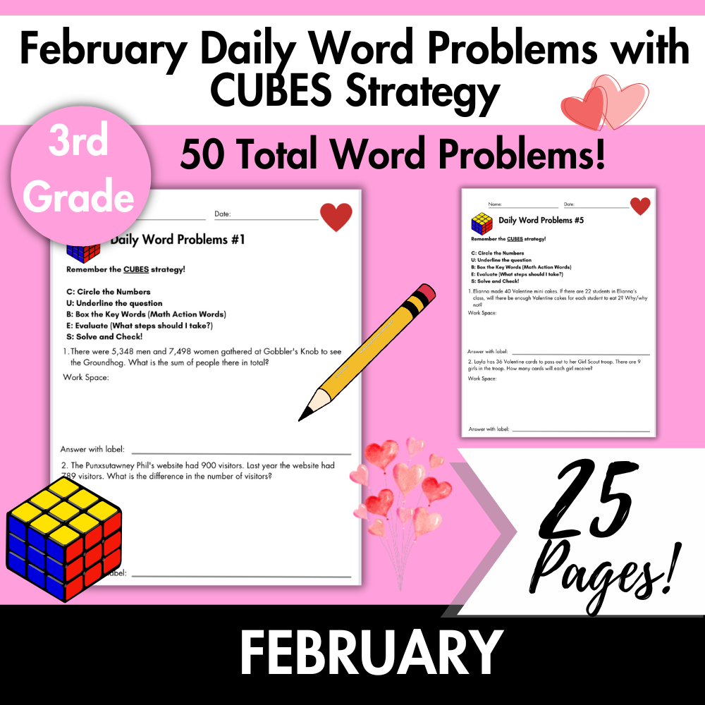 February Daily Word Problems with CUBES Strategy | 3rd Grade