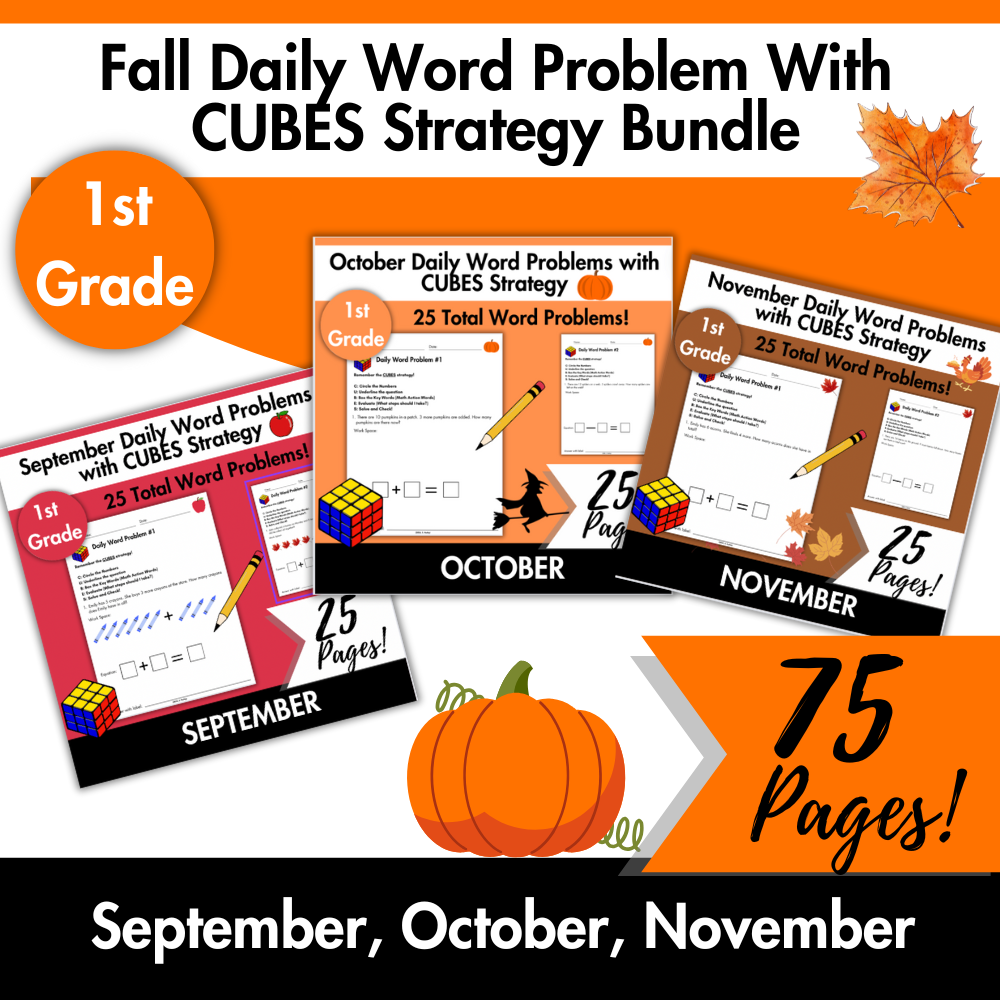 Fall Daily Word Problems with CUBES Strategy | 1st Grade