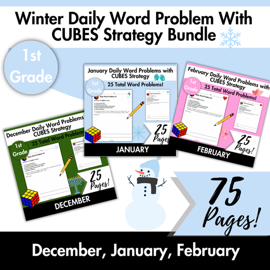 Winter Daily Word Problems with CUBES Strategy Bundle | 1st Grade