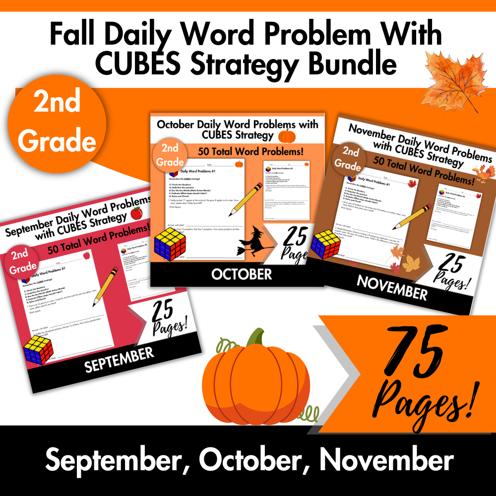Fall Daily Word Problems with CUBES Strategy Bundle | 2nd Grade