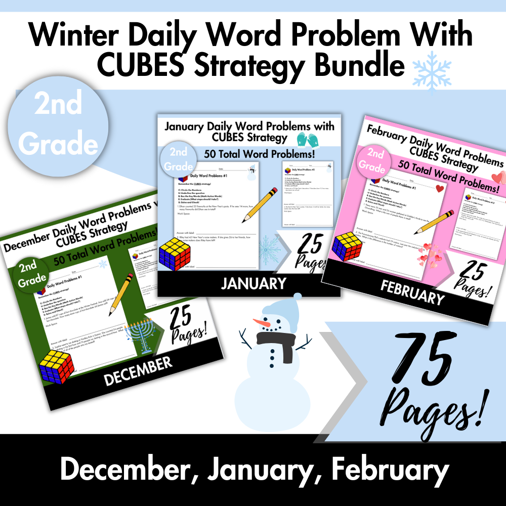 Winter Daily Word Problems with CUBES Strategy Bundle | 2nd Grade
