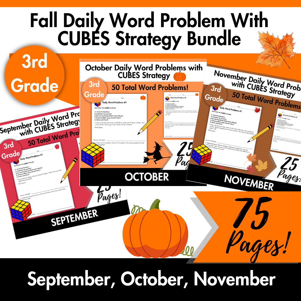 Fall Daily Word Problems with CUBES Strategy Bundle | 3rd Grade