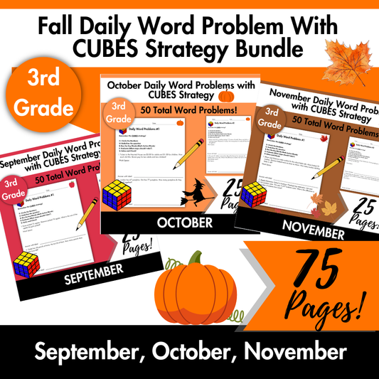 Fall Daily Word Problems with CUBES Strategy Bundle | 3rd Grade