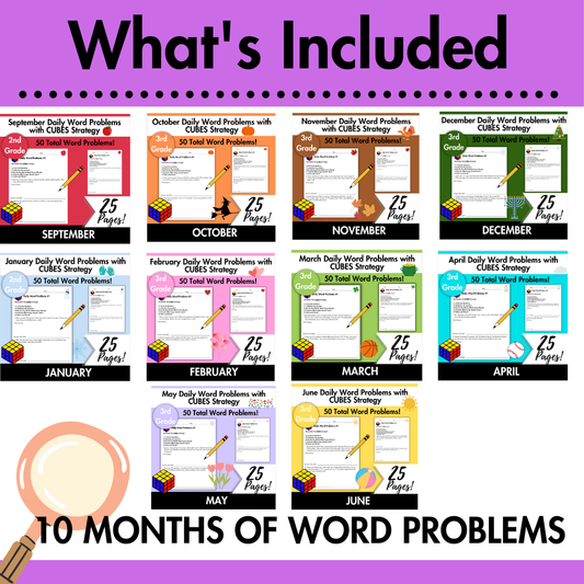 FULL YEAR Daily Word Problems with CUBES Strategy Bundle | 3rd Grade