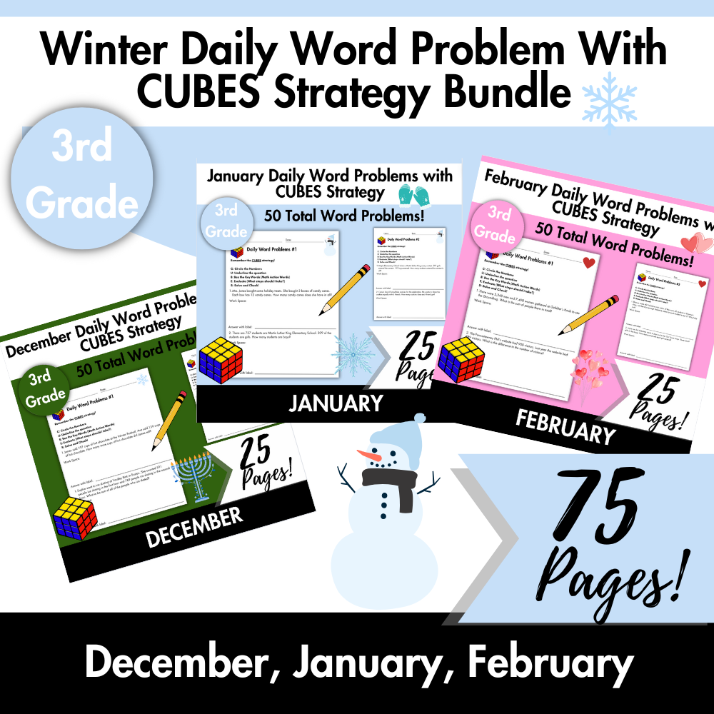 Winter Daily Word Problems with CUBES Strategy Bundle | 3rd Grade