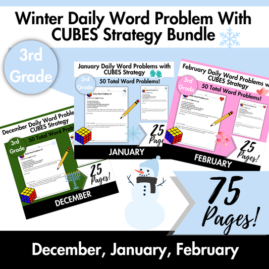 Winter Daily Word Problems with CUBES Strategy Bundle | 3rd Grade