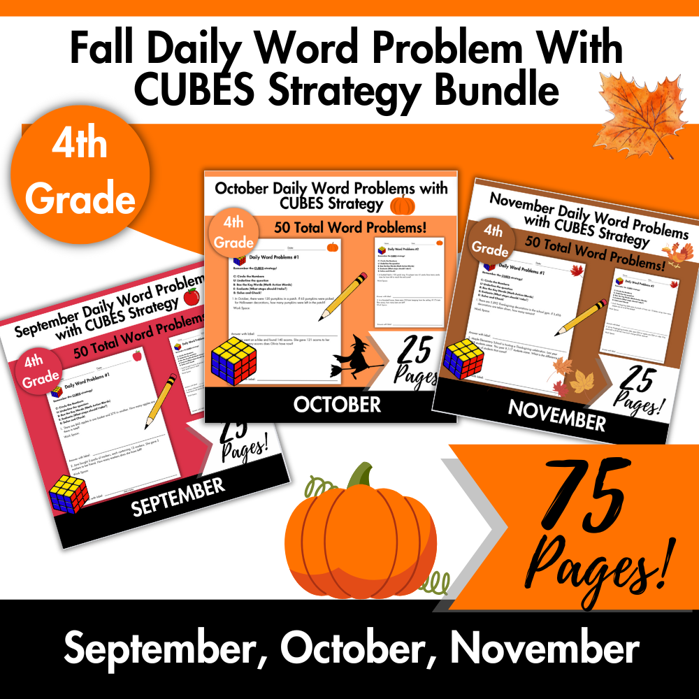 Fall Daily Word Problems with CUBES Strategy Bundle | 4th Grade