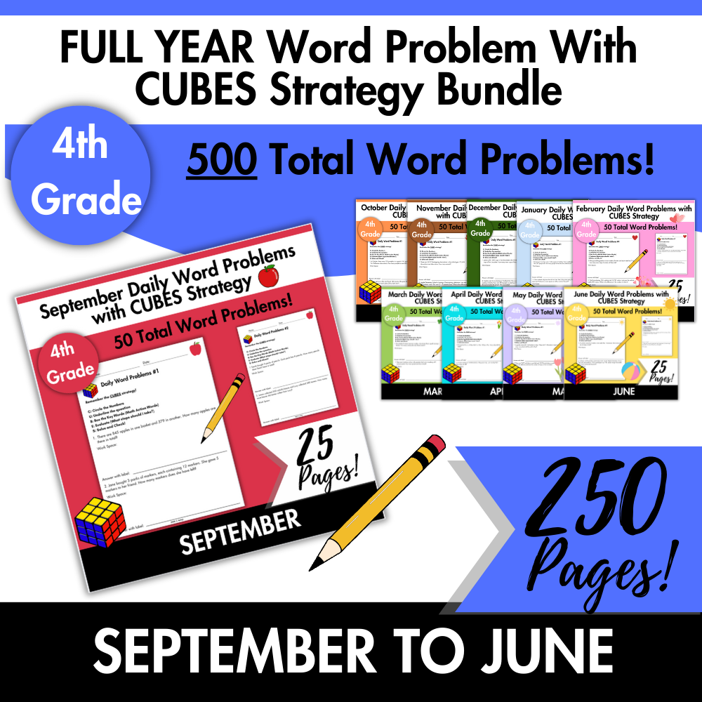 FULL YEAR Daily Word Problems with CUBES Strategy Bundle | 4th Grade