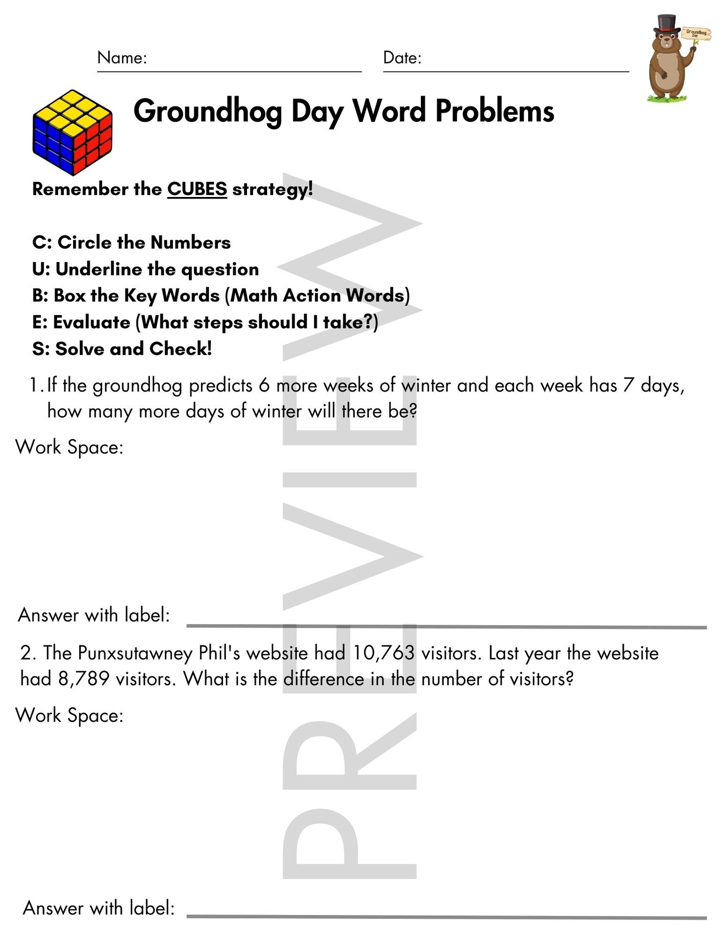 Groundhog Day Word Problems with CUBES Strategy | 4th Grade