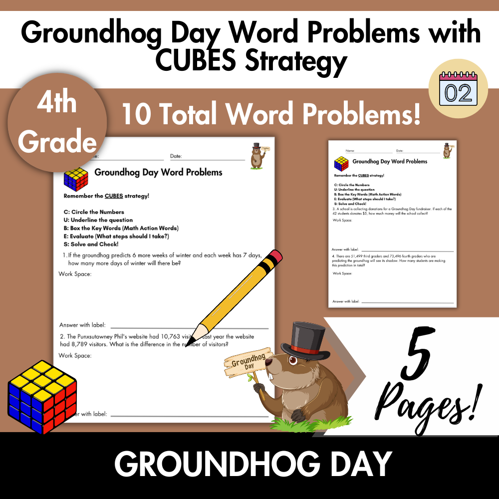 Groundhog Day Word Problems with CUBES Strategy | 4th Grade