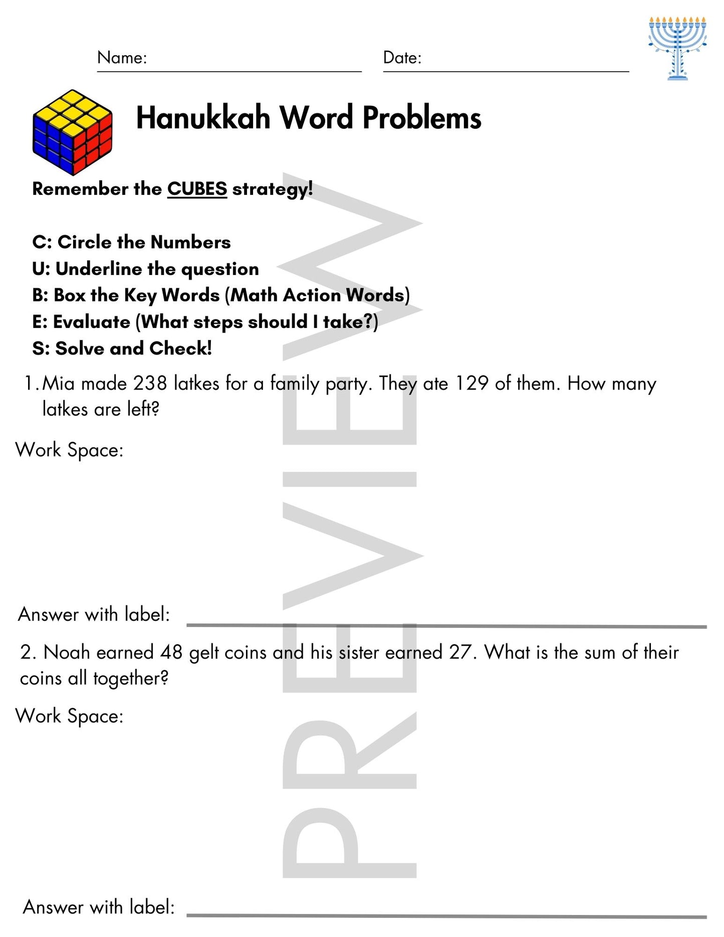 Hanukkah Word Problems with CUBES Strategy | 3rd Grade
