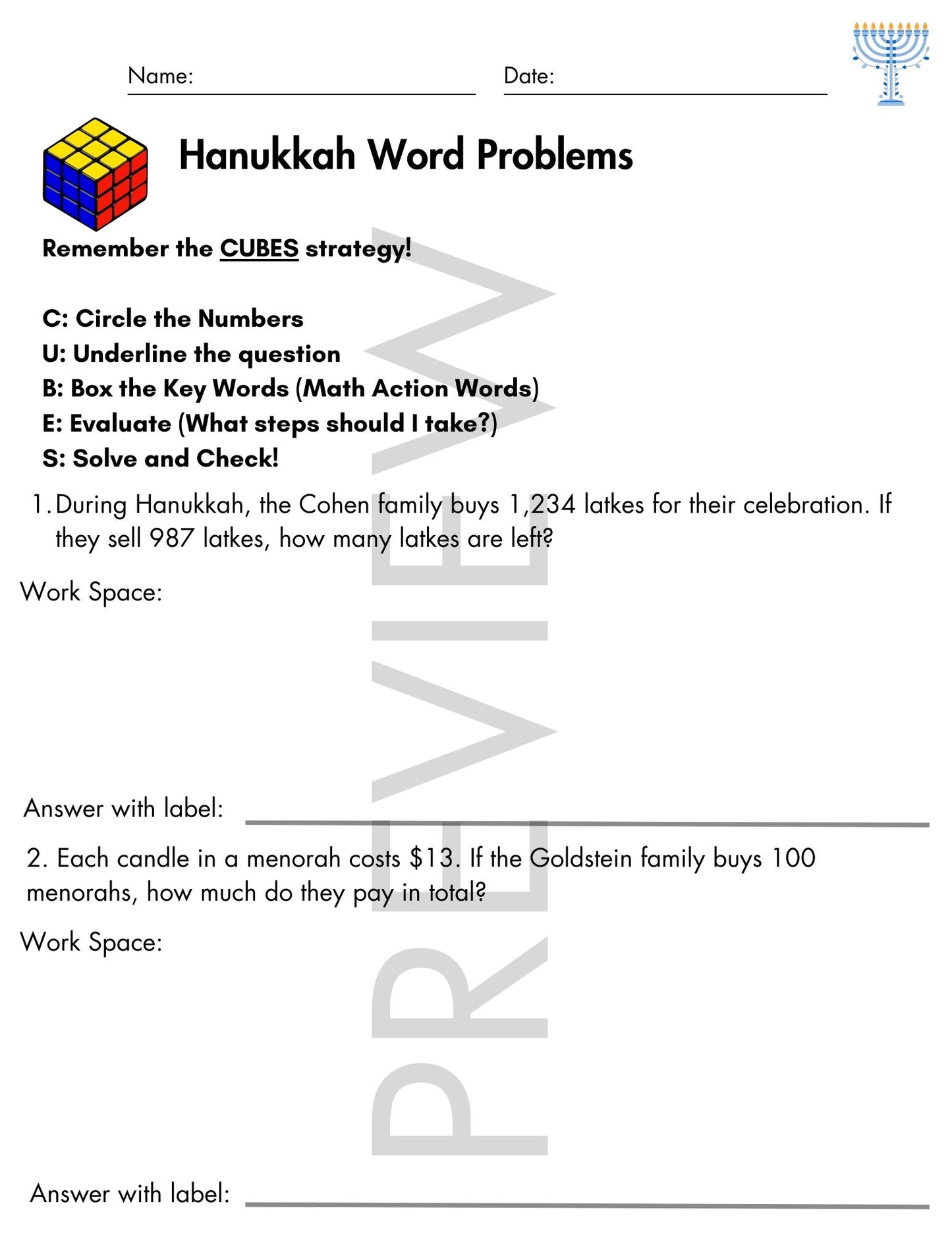 Hanukkah Word Problems with CUBES Strategy | 4th Grade