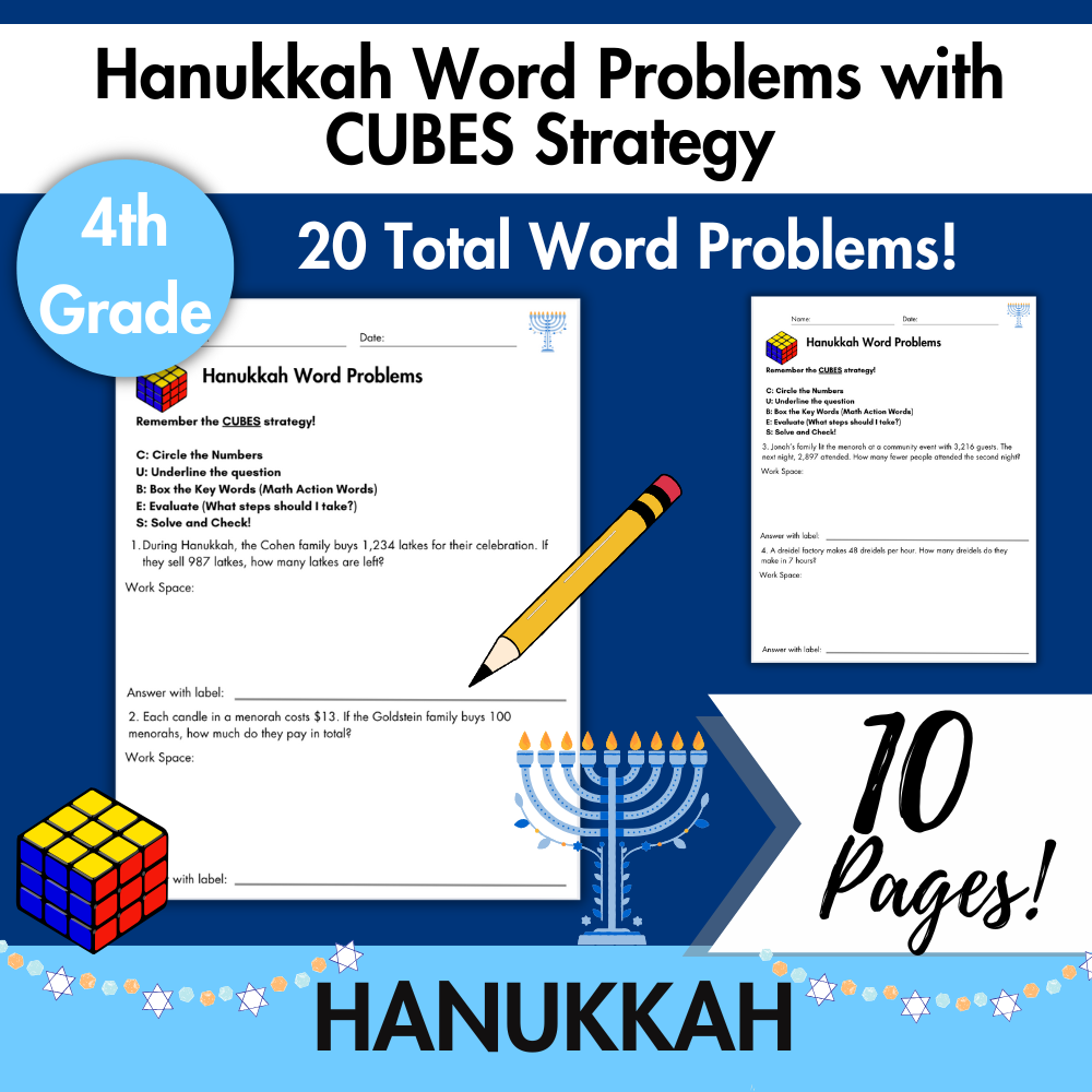 Hanukkah Word Problems with CUBES Strategy | 4th Grade