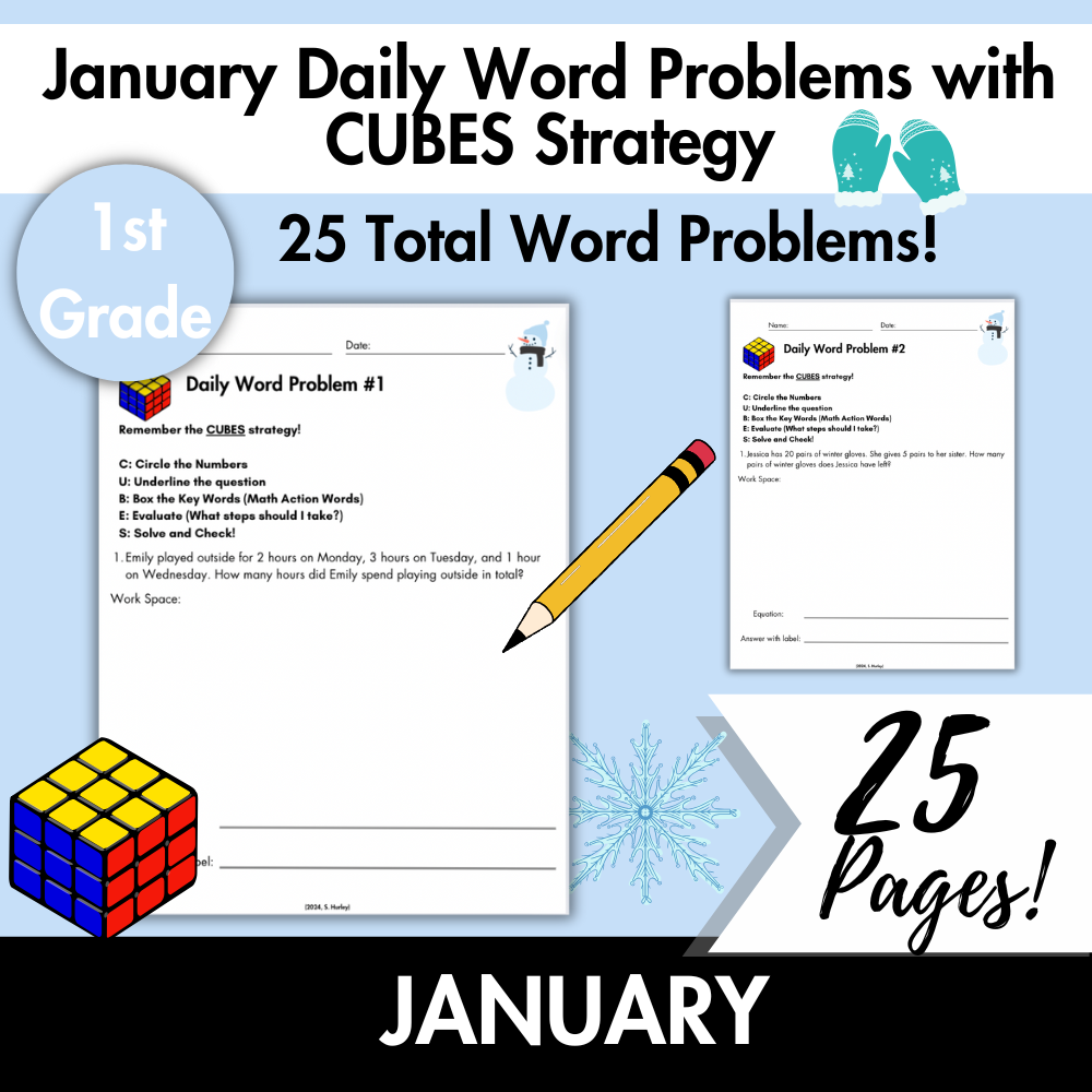 January Daily Word Problems with CUBES Strategy | 1st Grade