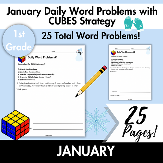 January Daily Word Problems with CUBES Strategy | 1st Grade