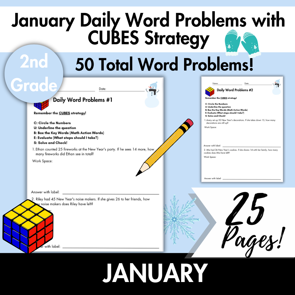 January Daily Word Problems with CUBES Strategy | 2nd Grade