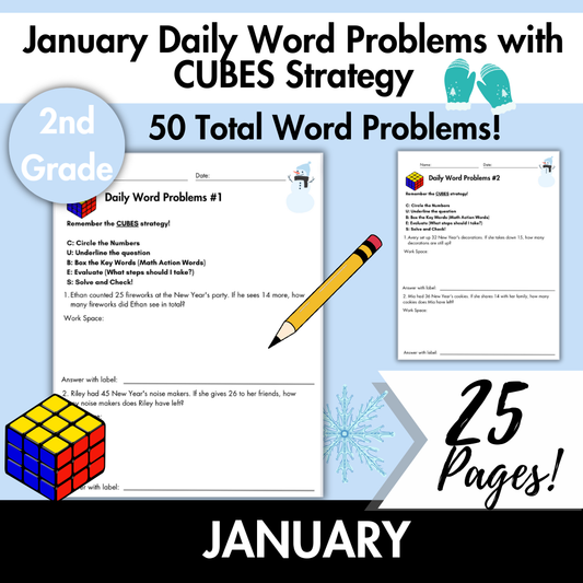January Daily Word Problems with CUBES Strategy | 2nd Grade