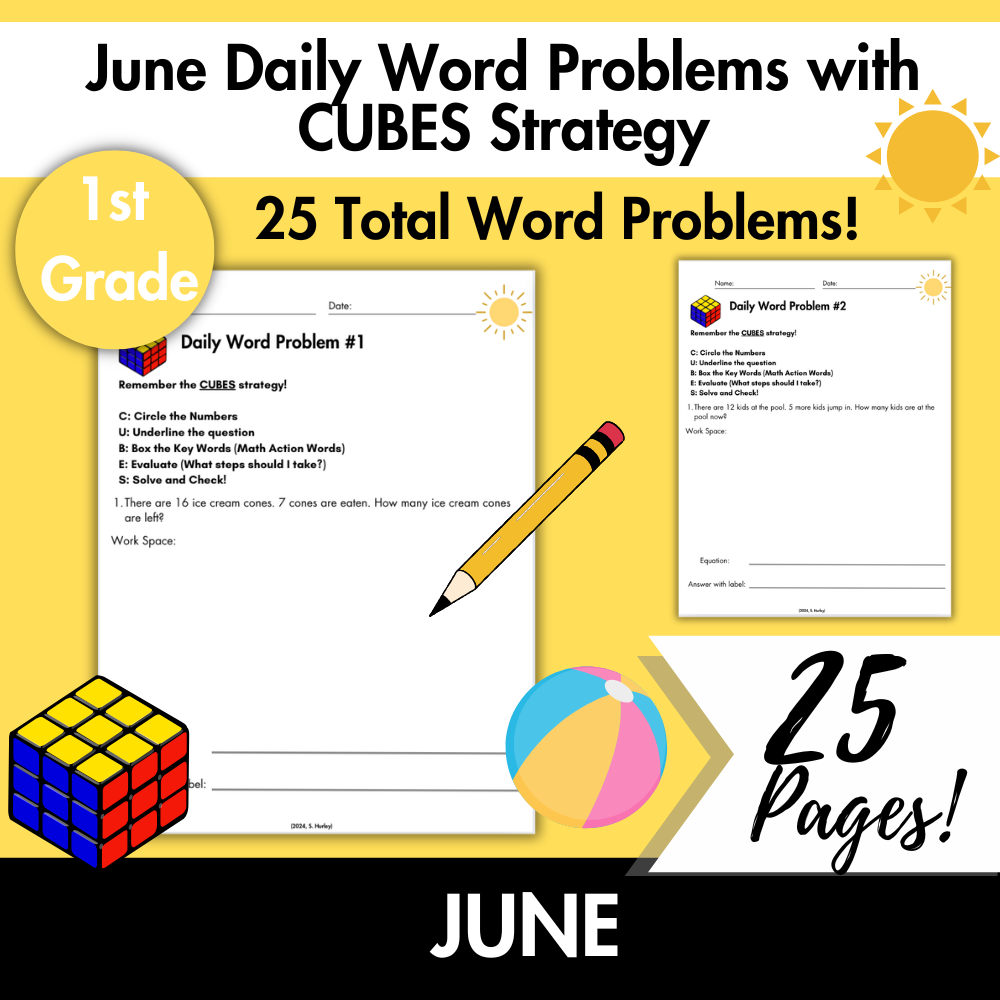 June Daily Word Problems with CUBES Strategy | 1st Grade