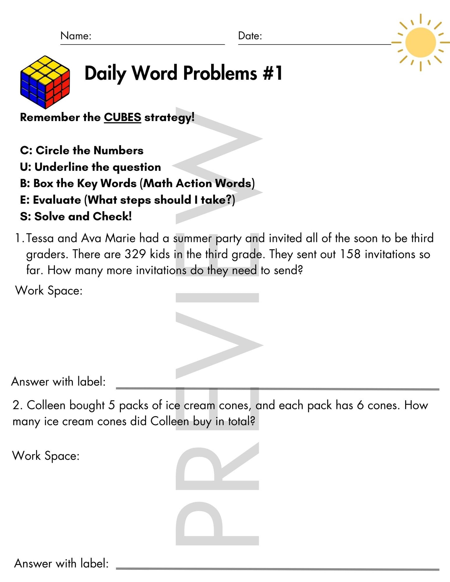 June Daily Word Problems with CUBES Strategy | 2nd Grade