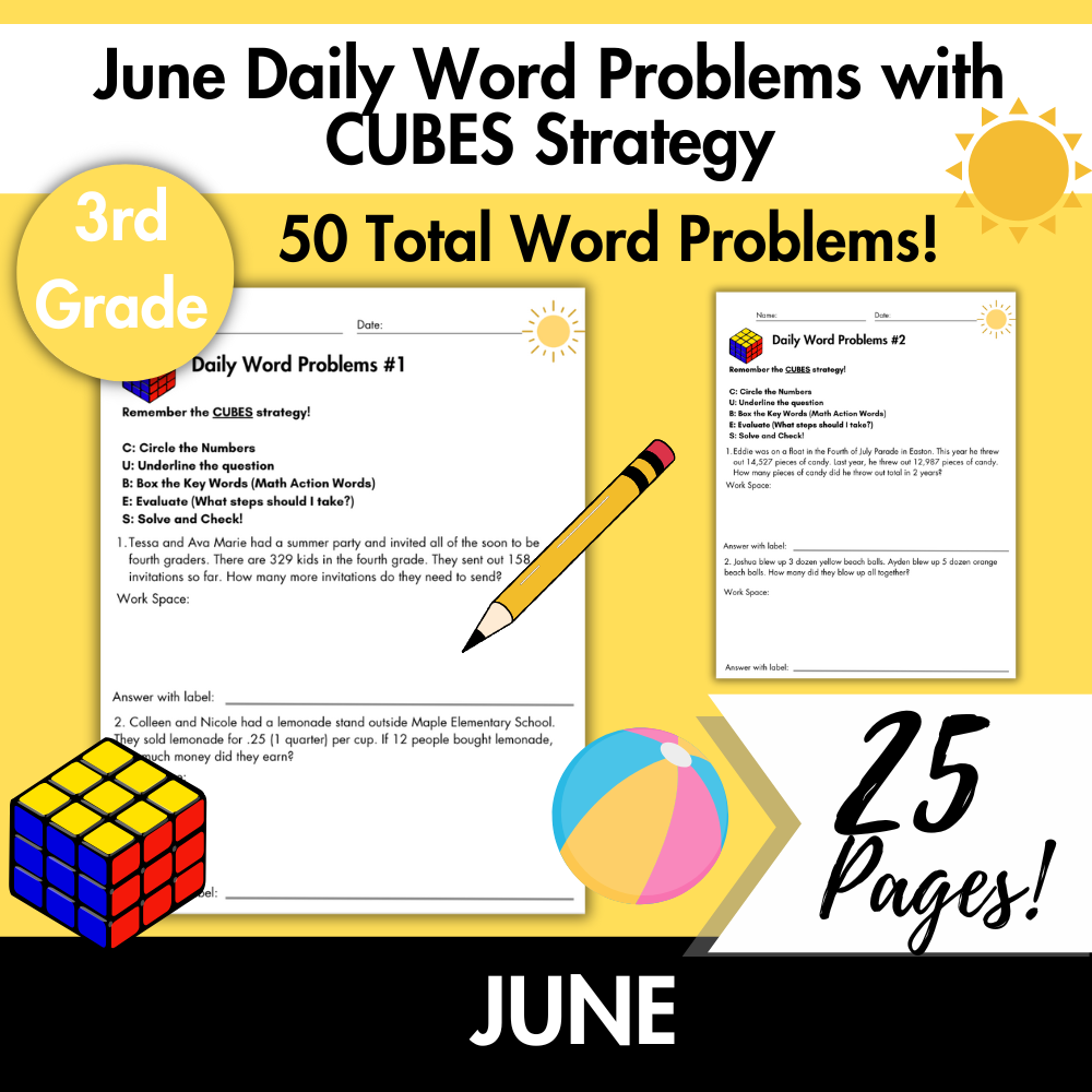 June Daily Word Problems with CUBES Strategy | 3rd Grade