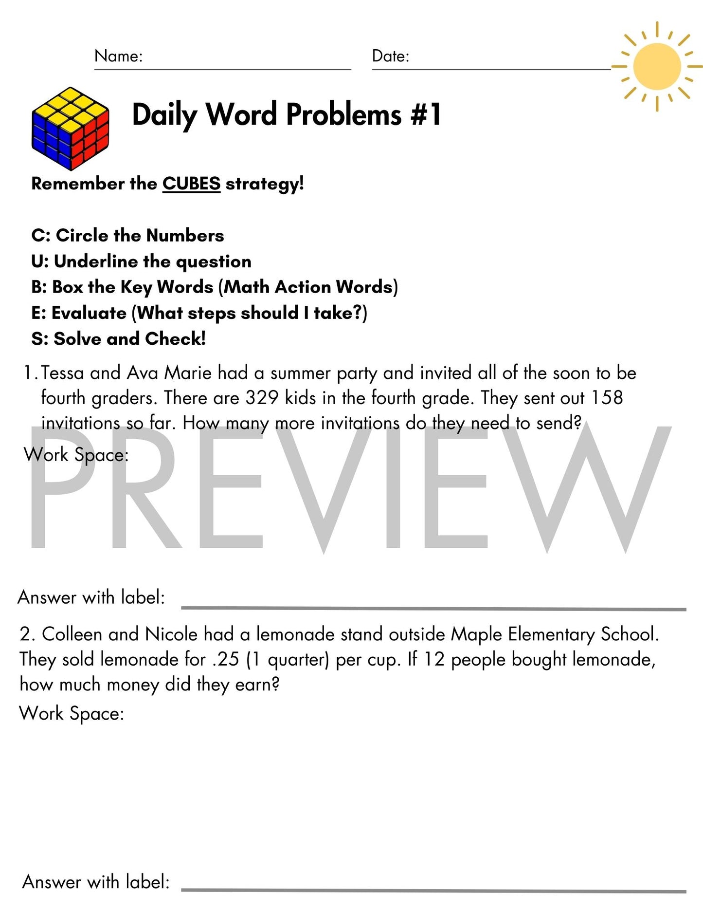June Daily Word Problems with CUBES Strategy | 3rd Grade
