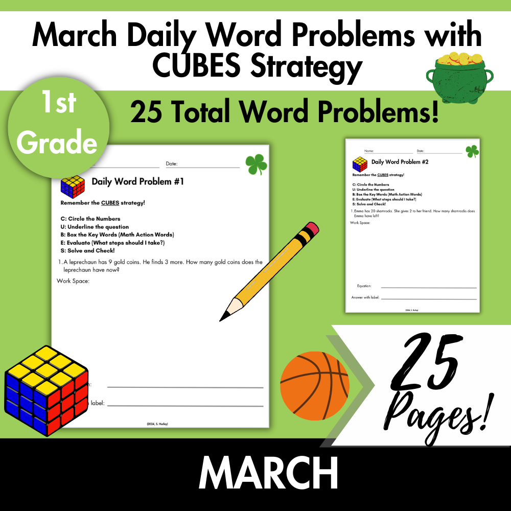 March Daily Word Problems with CUBES Strategy | 1st Grade