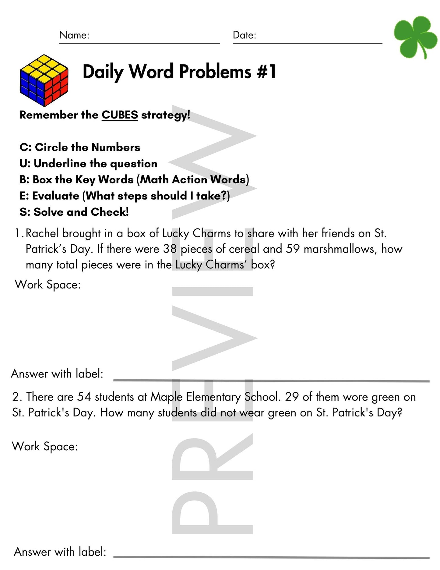 March Daily Word Problems with CUBES Strategy | 2nd Grade