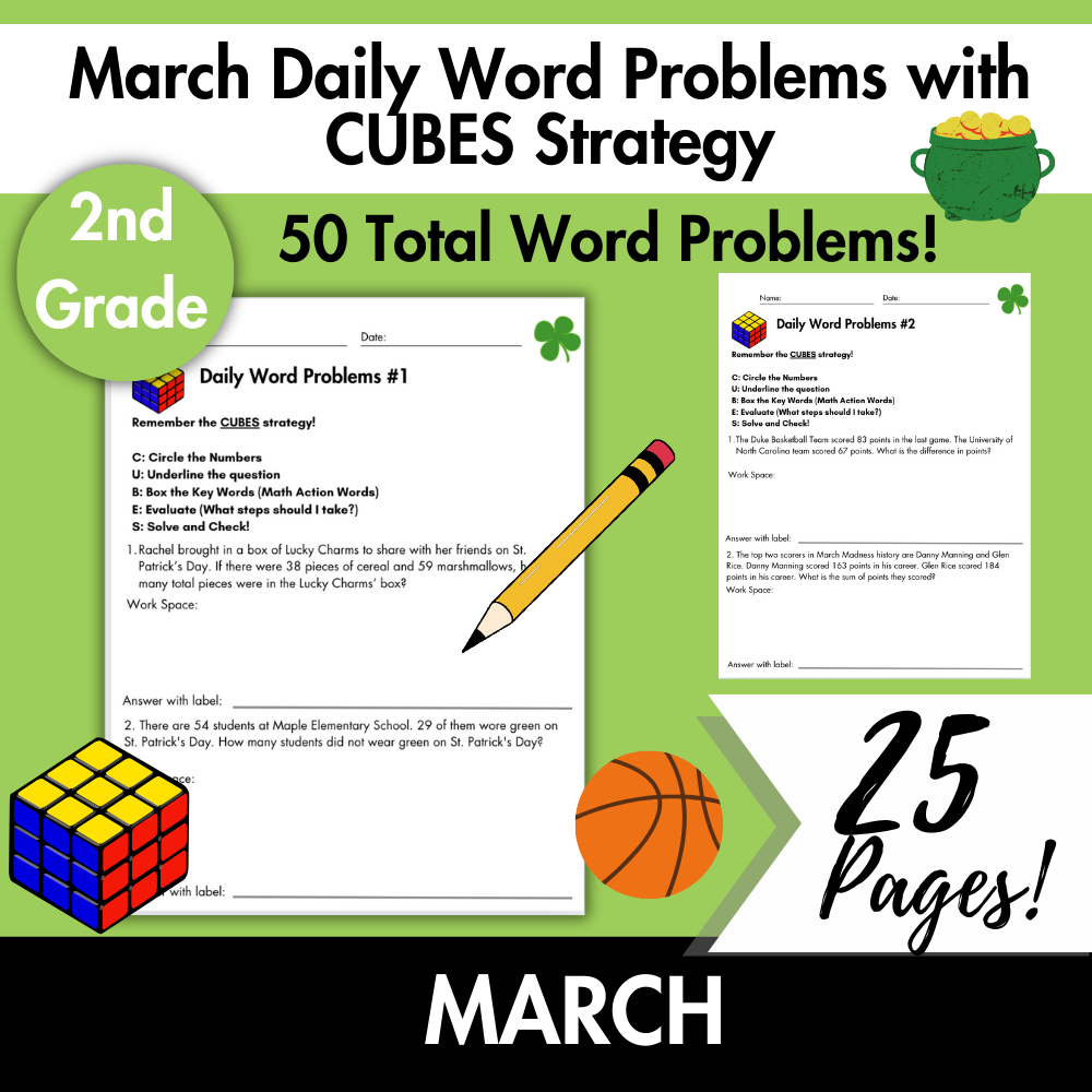 March Daily Word Problems with CUBES Strategy | 2nd Grade