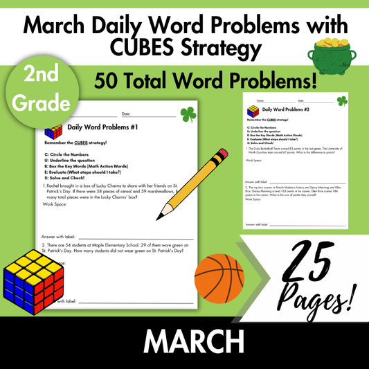 March Daily Word Problems with CUBES Strategy | 2nd Grade