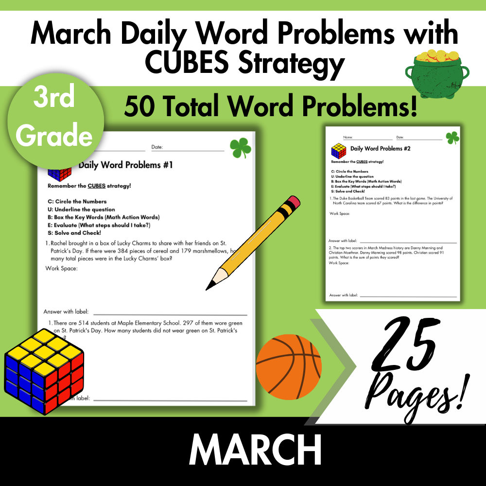 March Daily Word Problems with CUBES Strategy | 3rd Grade