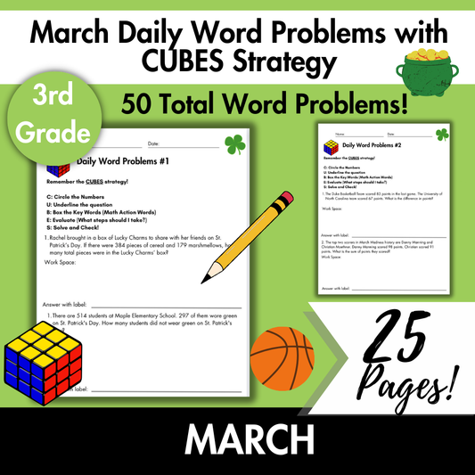 March Daily Word Problems with CUBES Strategy | 3rd Grade