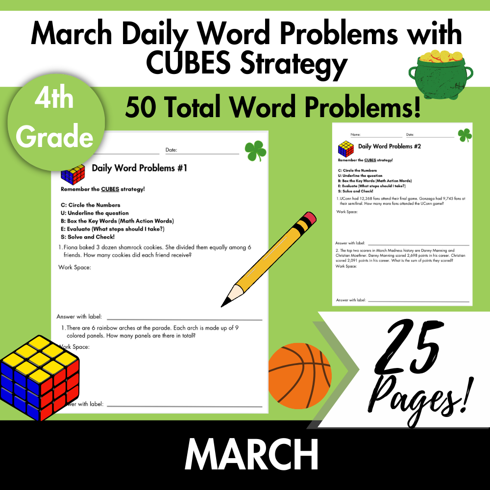 March Daily Word Problems with CUBES Strategy | 4th Grade