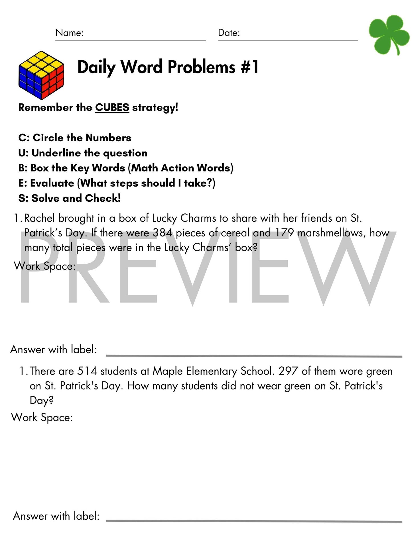 March Daily Word Problems with CUBES Strategy | 3rd Grade