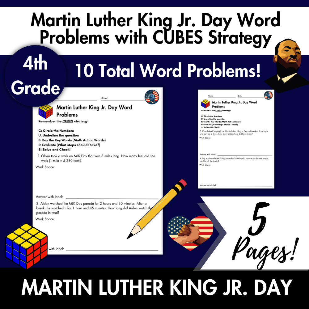 Martin Luther King Jr. Day Word Problems with CUBES Strategy | 4th Grade
