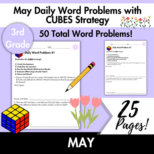 May Daily Word Problems with CUBES Strategy | 3rd Grade