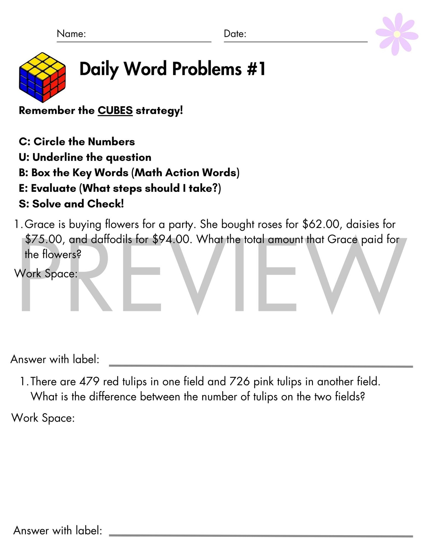 May Daily Word Problems with CUBES Strategy | 3rd Grade
