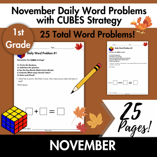 November Daily Word Problems with CUBES Strategy | 1st Grade