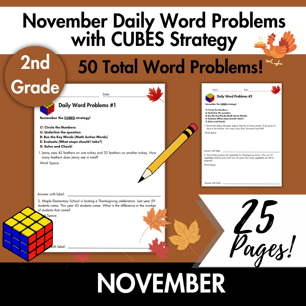 November Daily Word Problems with CUBES Strategy | 2nd Grade
