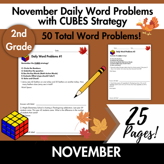 November Daily Word Problems with CUBES Strategy | 2nd Grade