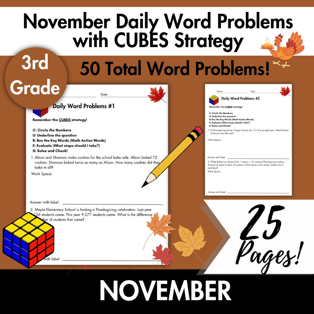 November Daily Word Problems with CUBES Strategy | 3rd Grade