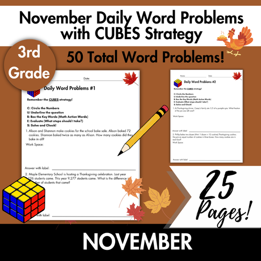 November Daily Word Problems with CUBES Strategy | 3rd Grade