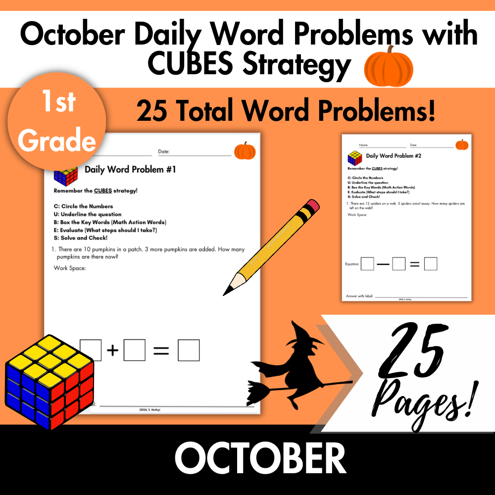 October Daily Word Problems with CUBES Strategy | 1st Grade