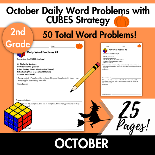 October Daily Word Problems with CUBES Strategy | 2nd Grade
