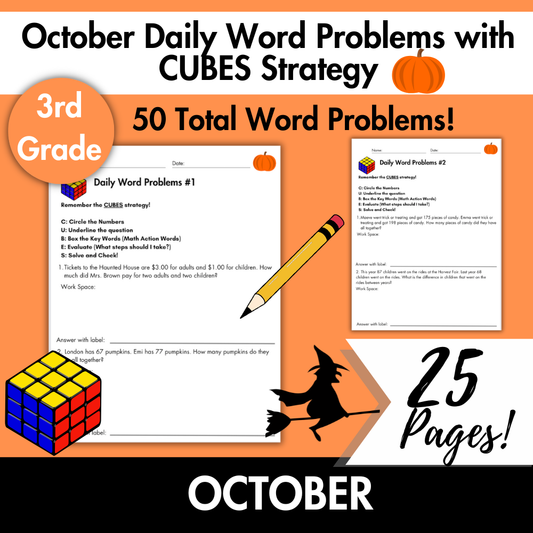 October Daily Word Problems with CUBES Strategy | 3rd Grade