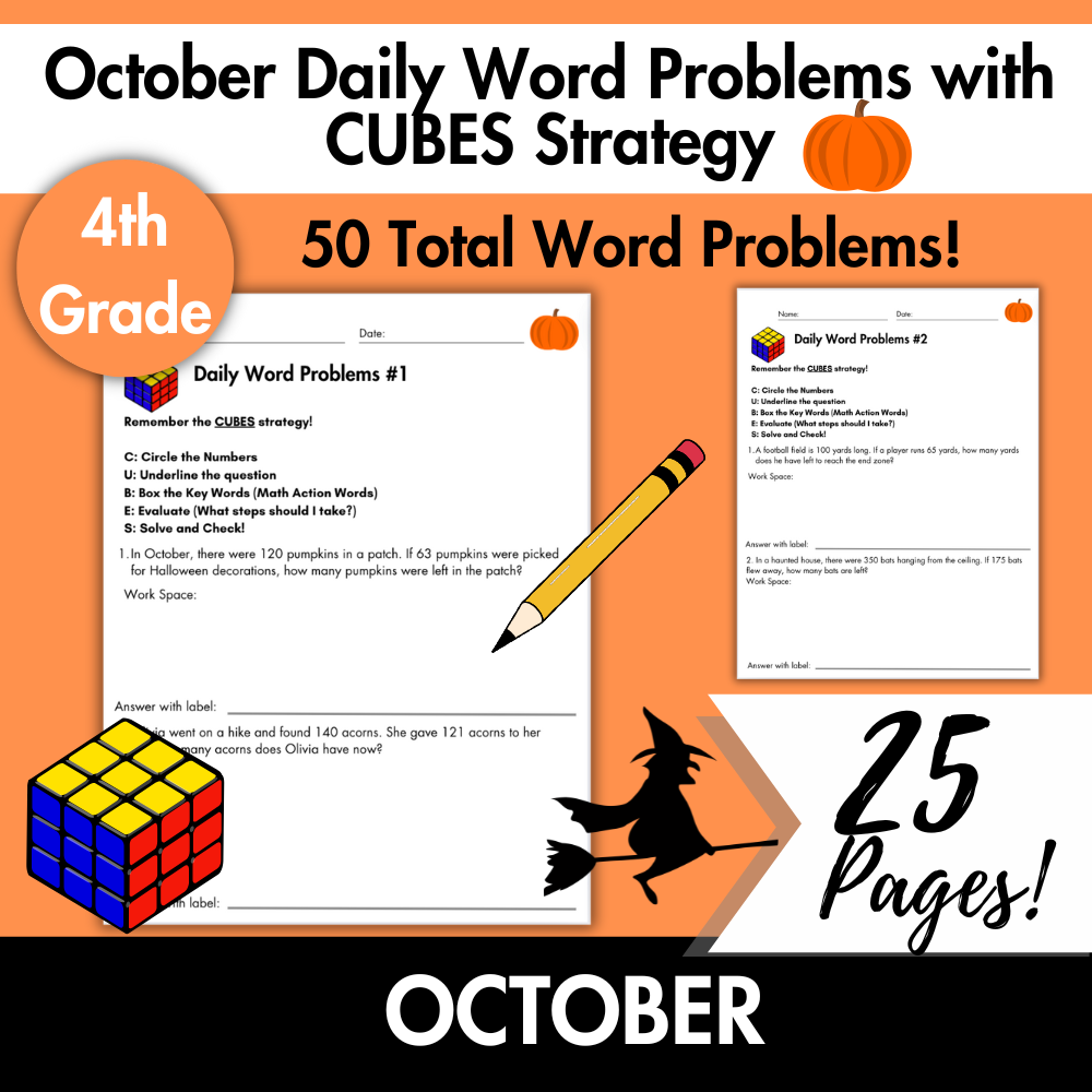October Daily Word Problems with CUBES Strategy | 4th Grade