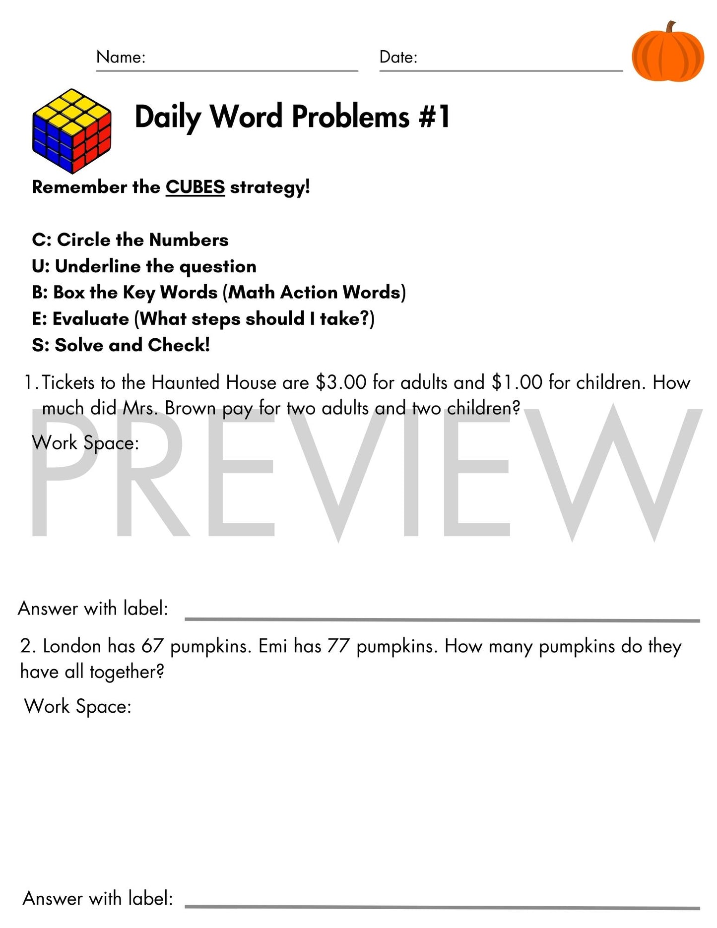 October Daily Word Problems with CUBES Strategy | 3rd Grade